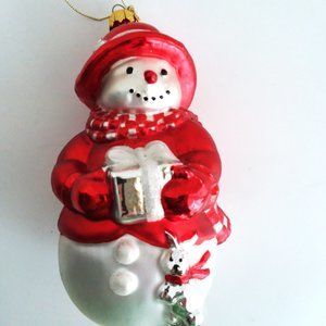 Snowman Blown Glass Christmas Ornament VTG Gift hat scarf glitter